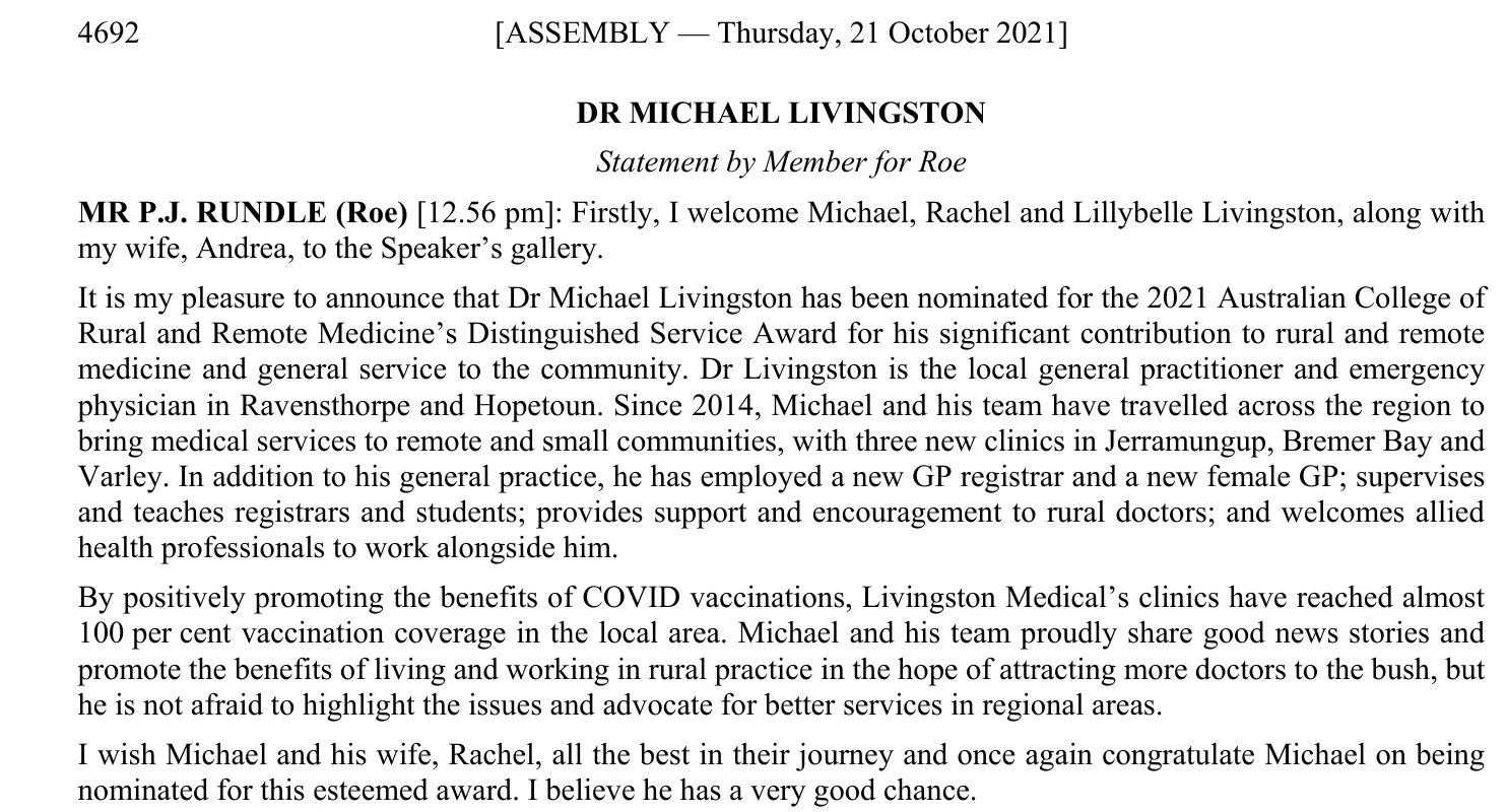 Hansard, Legislative Assembly, Thursday 21 October 2021, page 4692: statement by the Member for Roe titled Dr Michael Livingston.